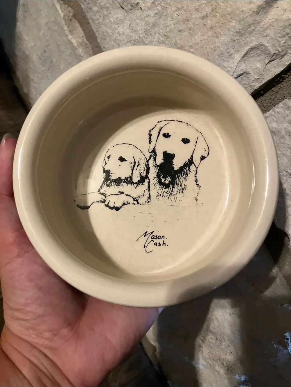 Mason Cash ceramic dog bowl featuring a Labrador retriever- Rare dark green